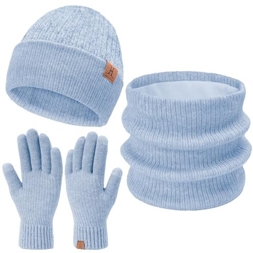Damen Herren Winter Warm Beanie Mütze Loop Schal Schlauchschal Touchscreen Handschuhe Set mit Fleece Gefütterte Wintermütze Strickmütze Mützen Frauen Geschenk Weihnachten, (3 Stück) Blau