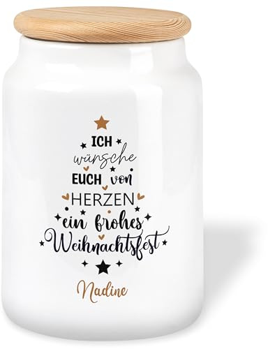 Keramikdose „Wichtigste Zutat ist Liebe & Herz“ - Holzdeckel veredelt mit Gravur - 650ml - Geschenk für Freunde & Familie - Keksdose Aufbewahrungsdose Vorratsdose aromasicher & luftdicht