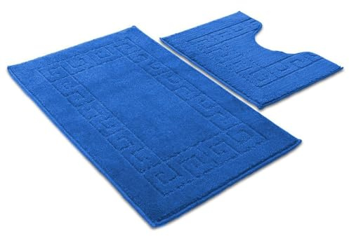 Ambience Products Juego de 2 alfombrillas de baño con patrón de llave griega, antideslizantes, suaves, lavables, de secado rápido, absorbentes de agua, para ducha y pedestal (azul oscuro)