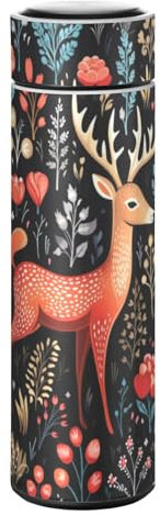 LINNIKEEEE Blumenmuster Hirsch Thermosflasche aus Edelstahl - Auslaufsicher Wasserflasche Wasserkanne für Jungen Mädchen