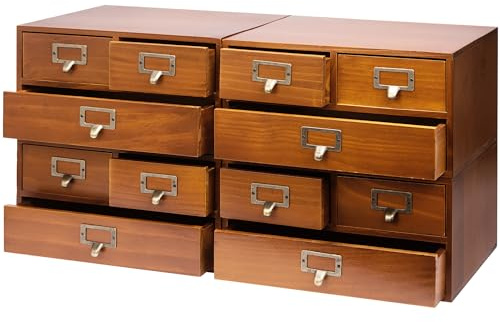4-Pack Vintage Desktop Apothecary Cabinet w/ 3 Drawers - Wood Medicine Cabinet for Tabletop - Stackable Drawers w/Label Holders - Desktop Chest Drawer for Herb Storage, Tea Collection, Stationery