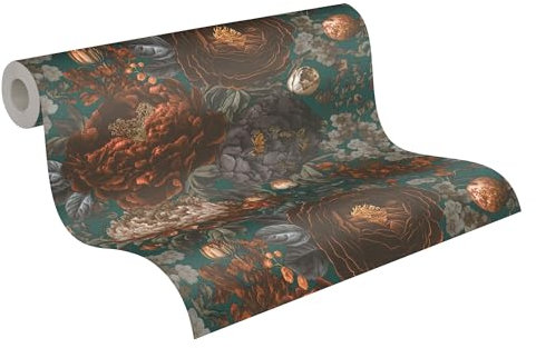 Livingwalls Vliestapete Blumen - hochwertige Tapete Floral 399793 in Grün, Grau, Orange - Luxustapete designed by MICHALSKY