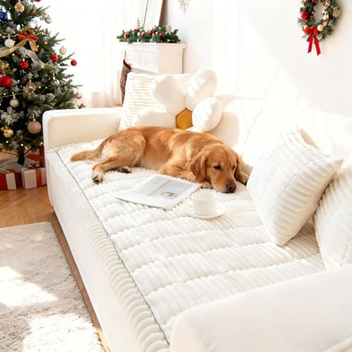 OTOB Dog Couch Covers for 3 Cushion Washable Non Slip Plush Pet Friendly Bed Mat Sofa Cover for Dogs, All Seasons Cozy Soft Fuzzy Furniture Protector Sofa Slipcovers (Cream, 27.6 x 59.1)