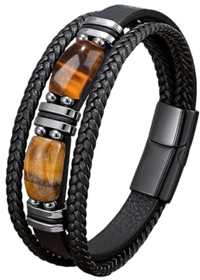 JENCVNL Herren Lederarmband, Tigerauge Lederarmband Herren Tigerauge Mehrlagiges Geflochtenes Leder Armband mit Magnetverschluss für Männer Jungen (Schwarz, 19)