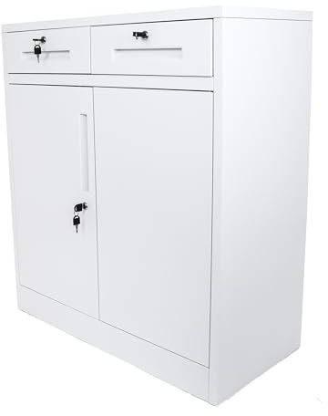 MMT Armoire de rangement en métal avec 2 portes et 2 tiroirs, verrouillable, étagère réglable, garde-manger, armoire utilitaire, armoire à outils en métal, 80 cm x 40 cm x 92 cm