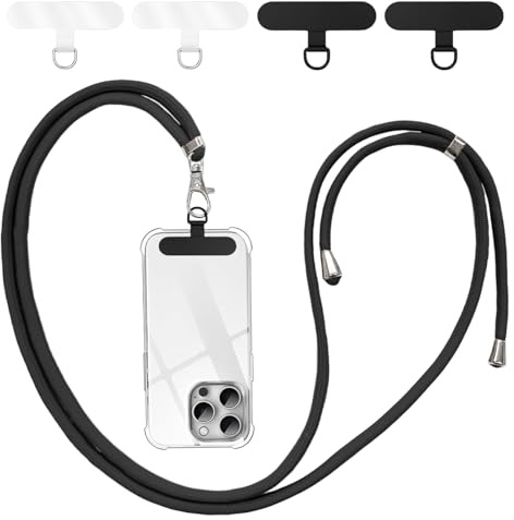 flintronic Cordón Correa para Teléfono Móvil Ajustable Universal, Correa Cruzada para el Cuello y Muñeca, Compatible la Mayoría de Las Fundas de Teléfono, con Llavero y Parche-Negro