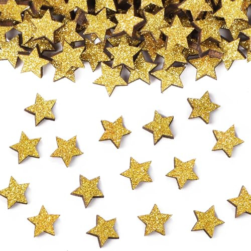 BETESSIN Streudeko Weihnachten Holz - 150 Stück Holzsterne Konfetti Gold Glitzer - Weihnachts Tischdeko Holz - Weihnachtsdeko zum Basteln Weihnachten