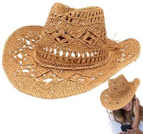 Generisch Cowboy Strohhut | Atmungsaktiv Cowgirl Hut,Breitkrempiger Sonnenschutz Hut Für Festival Party Sommer Wanderreisen Farmarbeit