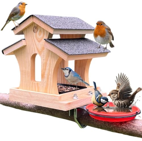 STAFECO Vogelfutterhaus vogelhaus balkon aus Holz imprägniert wetterfestes Vogelhaus mit Balkonhalterung, Handarbeit Futterhaus für Gartenvögel & Balkon, mit Schälchen für Wasser und Futter (Balkon 3)
