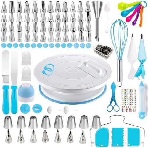 137 piezas de set de accesorios para tartas (azul), material de acero inoxidable y PP. Equipado con platos giratorios para pasteles, tijeras, boquillas y otras herramientas para la elaboración de