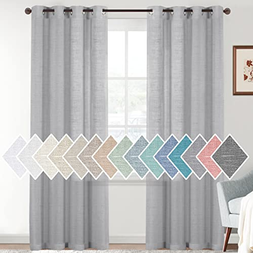 H.VERSAILTEX Linen Sheer Curtains 84 Inches Long Semi Sheer Curtains - Privacy Added Silver Grommet Linen Curtain Panels for Living Room/Bedroom Light Filtering Curtains (52W x 84L, 2 Panels, Grey)
