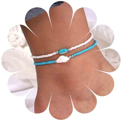 Yienate Handmade Perlen Fußkettchen Armband Boho Muschel Perlen Fußkettchen Fußkette Elastisch Blau Weiß Reis Perlen Fußkette Strand Geschichtet Fußkettchen 2er Set Fußschmuck Für Frauen Mädchen
