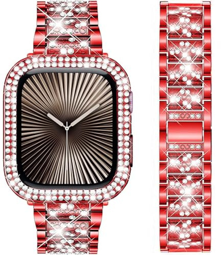 DEALELE Rem kompatibel med iWatch 41 mm 45 mm, Bling diamant strass metallarmband med skyddande fodral ersättning för Apple Watch serie 9/8/7 kvinnor män, röd, 45 mm