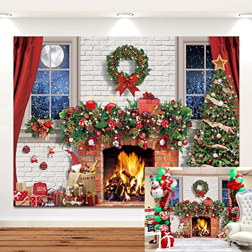 Toile de fond sur le thème de la cheminée de Noël - Rideau blanc et rouge - Décoration de sapin de Noël - Bannière de studio photo - Accessoires de cabine - 2,4 x 1,8 m