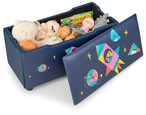 COSTWAY Kids Toy Storage Box, Upholstered Children Organizer Chest with Removable Lid, Handle and Adjustable Legs, Storage Ottoman Bench for Bedroom, Nursery, Playroom (Navy Blue)