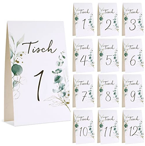 12 Pz Cartellini Segnaposto Matrimonio Numeri da Tavolo Segnatavolo Foglie Eucalipto Numeri 1-12 Scritte Tedesco Decorazioni Nozze Banchetti Festa Compleanno Comunione Battesimo Ristoranti Bar