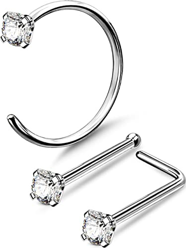 OUFER Kroppspiercing 3 st titan näsa piercing smycken 20 g näsa stud ring ring set L form näsa L böjbar bar näsa ring aqua CZ näsben nål piercing, 20G/0.8mm x 7mm, Titan