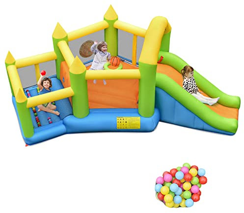 DREAMADE Hüpfburg Aufblasbar, 477 x 241 x208cm Springburg mit Rutsche & Sprungbereich & Kletterwand & Bällebad, Indoor/Outdoor Spielburg mit 50 Bälle für Kinder ab 3 Jahren (ohne Gebläse)