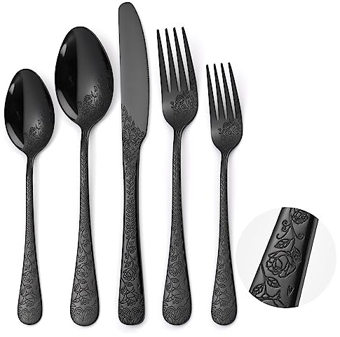 A · HOUSEWARE Floral Flatware Set Black for 6 Stainless Steel Silverware 30 Piece Cutlery Unique Eating Utensils Tableware Stylish Fork Spoon Knife With Embossing Rose Flower Handle Festival Parties