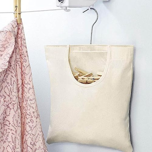 Canvas Clothespin Bag - Hanging Storage Organizer, Handy Laundry Clothespin Bag Holds 100 Medium Sized Clothes Pins with an Extra-Large Opening Suitable for Home Travel Portable (White)
