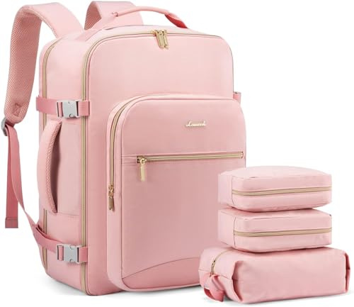 LOVEVOOK Handgepäck Flugzeug, 40L Reiserucksack Damen Travel Backpack Rucksäcke Weekender für 17 Zoll Laptop, Wasserdicht Reisetasche Wanderrucksack für Reisen Business Geschäftsreise Rosa