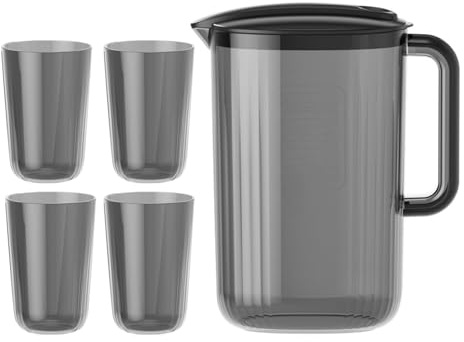 Bedside Water Carafe and Glass Set, Transparent Nightstand Glass Carafe with 4 Cup Large Capacity Plastic Drink Pitcher Jug for Teas Juices Lemonade for Bathroom Office(Black)