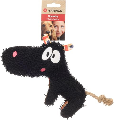 Flamingo Saffia Nilpferd Spielzeug mit Seil – Schwarz, Mit Quietscher für Extra Spielspaß – Perfekt für Hunde