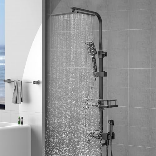 Colonne de Douche, Colonne de Douche Thermostatique Hauteur Réglable 85-125cm, Ensemble de Douche pour Salle de Bain, Carré, Panneau de Douche en Acier Inoxydable (Quatre modes de sortie d'eau Noir)