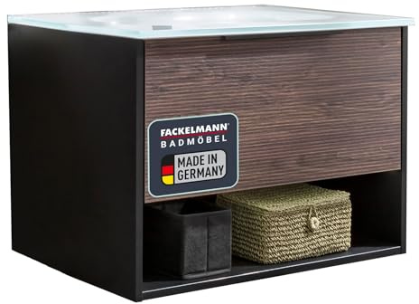 FACKELMANN B.Paris Waschbecken mit Unterschrank – Elegantes Möbel-Set in Schwarz und Dunkelbraun, 71cm, Glasbecken, 1 Schublade, beleuchtetes Fach mit Bewegungsmelder – Made in Germany
