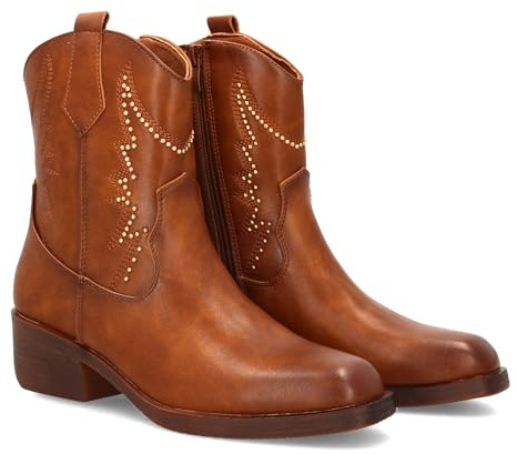 95264 Botin Cowboy para Mujer con Cana Media Adornada con Tachuelas Decorativas y Costuras en Relieve. Tacon Ancho Comodo. Cierre de Cremallera Camel Talla 38