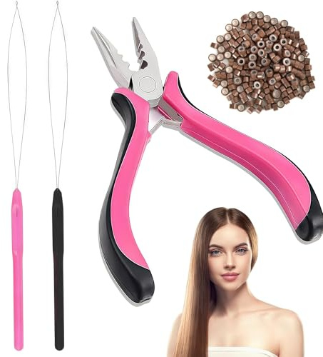 Nano Hair Extension Tools Kit,Hair Extension Pliers, Loop Threaders & 500PCS Silicone Lined Nano Beads, Professional Nano Beads Hair Extensions Kit for Installation & Removal (Brown)