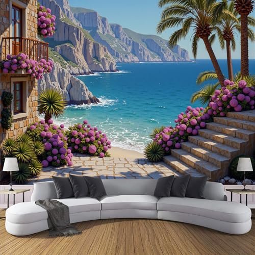 Fotomural Acantilado Palmeras 300x210cm papel pintado TNT, fotomural panorámico Paisaje Costero Tropical, Mural de Pared, Decoración de Pared para Salón y Habitación
