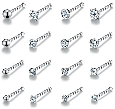 Monily 20g Nose Ring Surgical Steel 16pcs 20g Stainless Steel Nose Ring Stud for Women Straight Bar Nose Stud 1.5 mm 2 mm 2.5 mm 3 mm CZ Body Piercing for Women Men