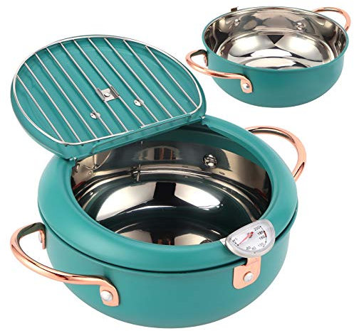 Mini-Fritteuse aus Edelstahl im japanischen Stil, Frittiertopf Edelstahl Bratentopf Tempura Fryer mit Thermometer Deckel und Öltropf-Abtropfgestell, für Gasherde Induktionsherde Elektroherde, 21cm