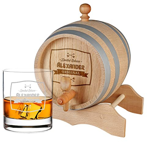 2-TLG Whisky Geschenkset personalisiert - 1x Eichenfass 2000 ml und 1x Whiskyglas 320 ml - mit Wunschname graviert - für Scotch, Bourbon, Rum - Geburtstagsgeschenk - Motiv Limited Original