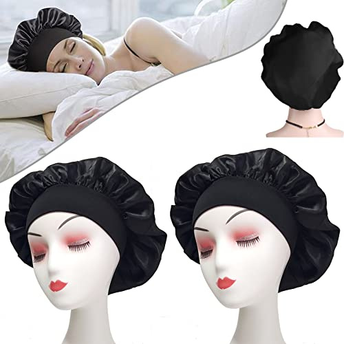 Hair Bonnet for Sleeping, Wide Band Satin Bonnet, Night Sleep Cap Silk Bonnet for Women Girls, Hair Care Sleeping Head Cover Elastic Hat Hair Bonnet for Black Hair Curly Hair (2pcs Black+Black)