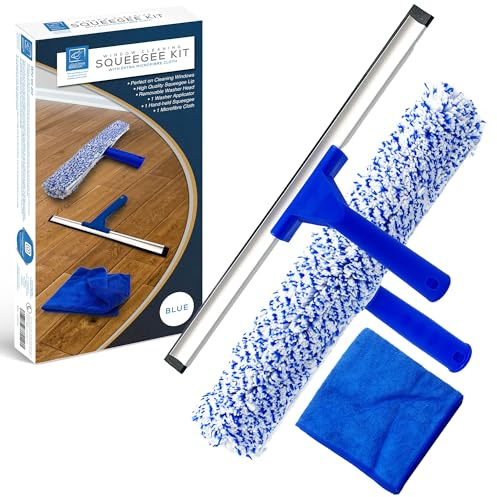 Rubber Squeegee Window Cleaner and Microfibre Glass Wiper, Twin Pack 14” Multipurpose Professional Cleaning Kit for Window, Car, Bathroom & Shower