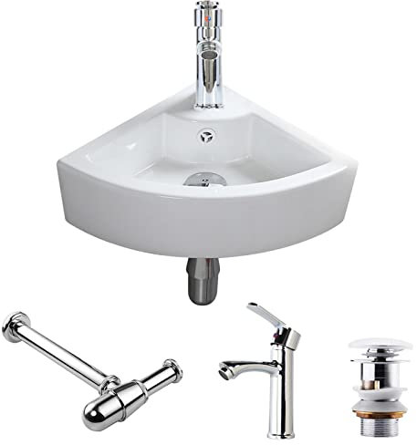 CROSS ZEBRA Wandmontiertes Eckwaschbecken mit Ablaufgarnitur, handgefertigtes Keramikwaschbecken, glänzend weiß, schlichtes Design, und zu reinigen, für Badezimmer, Garderobe
