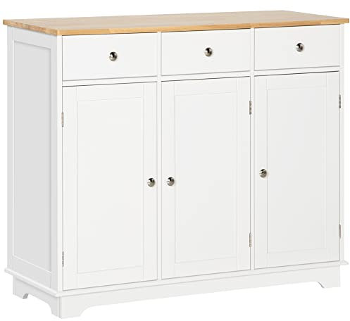 HOMCOM Aparador de Cocina con 3 Cajones 3 Puertas y Estantes Ajustables Mueble Auxiliar de Almacenaje para Comedor Salón Estilo Moderno Antivuelco 101x40x85 cm Blanco