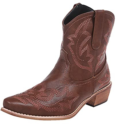Kinyahoe Cowboy Boots for Women Cowgirl Western Ankle Booties Pointed Toe Low Chunky Heel Embroidered Classic Short (Brown, 43)