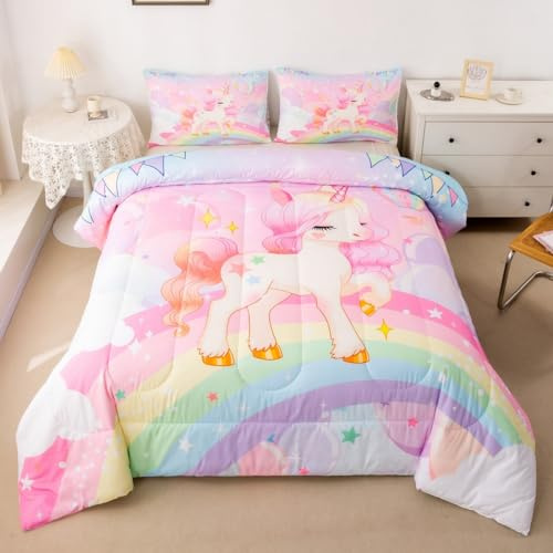 Feelyou Unicorn Girls Bedding Set Twin Rainbow Kids Pink Unicorn Comforter Set Kawaii Cute Reversible Stars Duvet Quilt Teens Children Adults Cartoon Unicorn Room Decor All Season