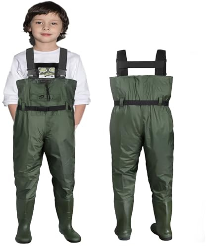 Kids Chest Waders with Boots Waterproof and Breathable Waders for Youth, Sizes EU 27-41 (Green, EU 27)
