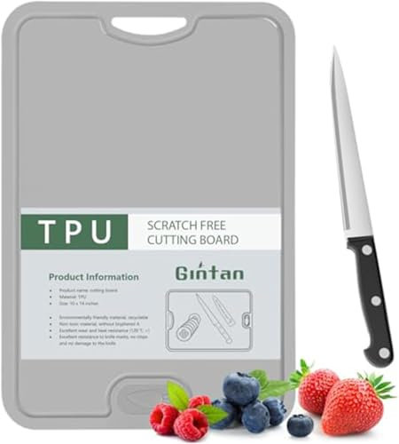 Zhufas Planche a Decouper, sans BPA, avec Petite Fourchette et Petite Cuillère, Planche à Découper Flexible, passe au lave-vaisselle (Gris)