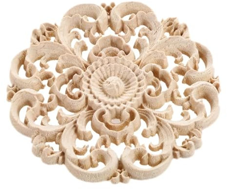 CYMMIYT Fregi in Legno 1 Pezzo Non Verniciato, Motivo Floreale Rotondo, Applique in Legno Intagliato for Porte a Muro, mobili, armadi, armadi, finestre, Fai da Te