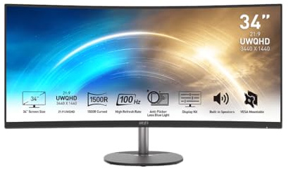 MSI PRO MP341CQDE Curved Monitor 86,4 cm (34) Schwarz - UWQHD, VA, 100Hz, 4ms, HDMI, DisplayPort, FreeSync [Energieklasse G] (9S6-3PB2CT-042)