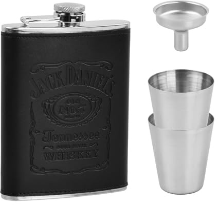 Flasque a Alcool, Flasque de Poche Inox 8 oz, avec 2 Tasses et 1 Entonnoir, Reservoir flasques Whisky Poche Cuir Noir, pour Excursion, Voyage, Randonné, Fiole Alcool, Cadeaux Personnalisés Homme