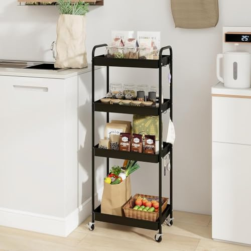 PUNCIA 4 Tiers Metal Storage Trolley on Wheels, Book Craft Tea Art Trolley for Home Bathroom Kitchen Laundry, Easy Assembly Rolling Utility Cart Mobile Storage Shelving Organizer