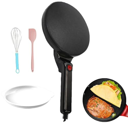 Crepera eléctrica de 600 W con sartén antiadherente, recipiente y batidor, control automático de temperatura, 20 cm de diámetro, ideal para crepes y tortitas perfectamente cocinadas.