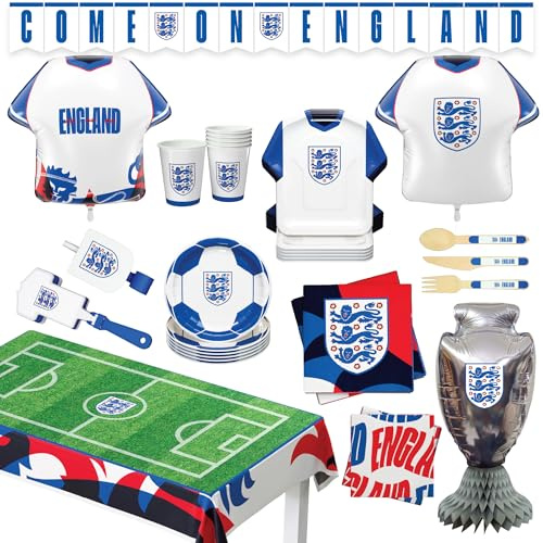 England National Football Team complete matchday Party Supplies Set for 6 Guests - Plates, Cups, Napkins, Cutlery, table cover, bunting, Jersey Balloons included.