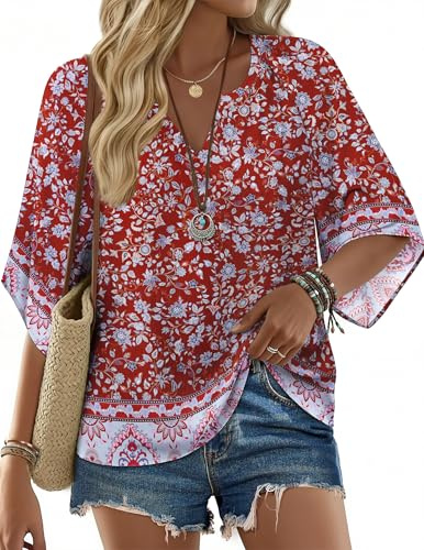 Zeagoo Blusa Verano Mujer 3/4 Manga Blusa Tipo Túnica Floral Cuello en V Camisas Bohemias Camiseta para Vacaciones S-3XL